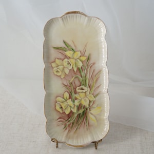 Vintage AK Kaiser West Germany Hand Painted Signed Daffodil Yellow Floral Porcelain Rectangle Dish Plate