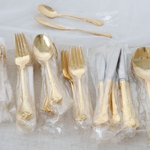 44 Pieces NOS Vintage Cambridge Stainless Indonesia Engraved Letter M W? Golden Gold Jessica Stainless Flatware Set