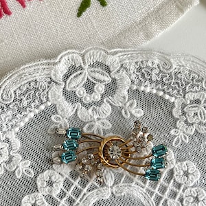 Vintage De Curtis Signed 1/20 12k GF Blue Clear Rhinestone Brooch Pendant