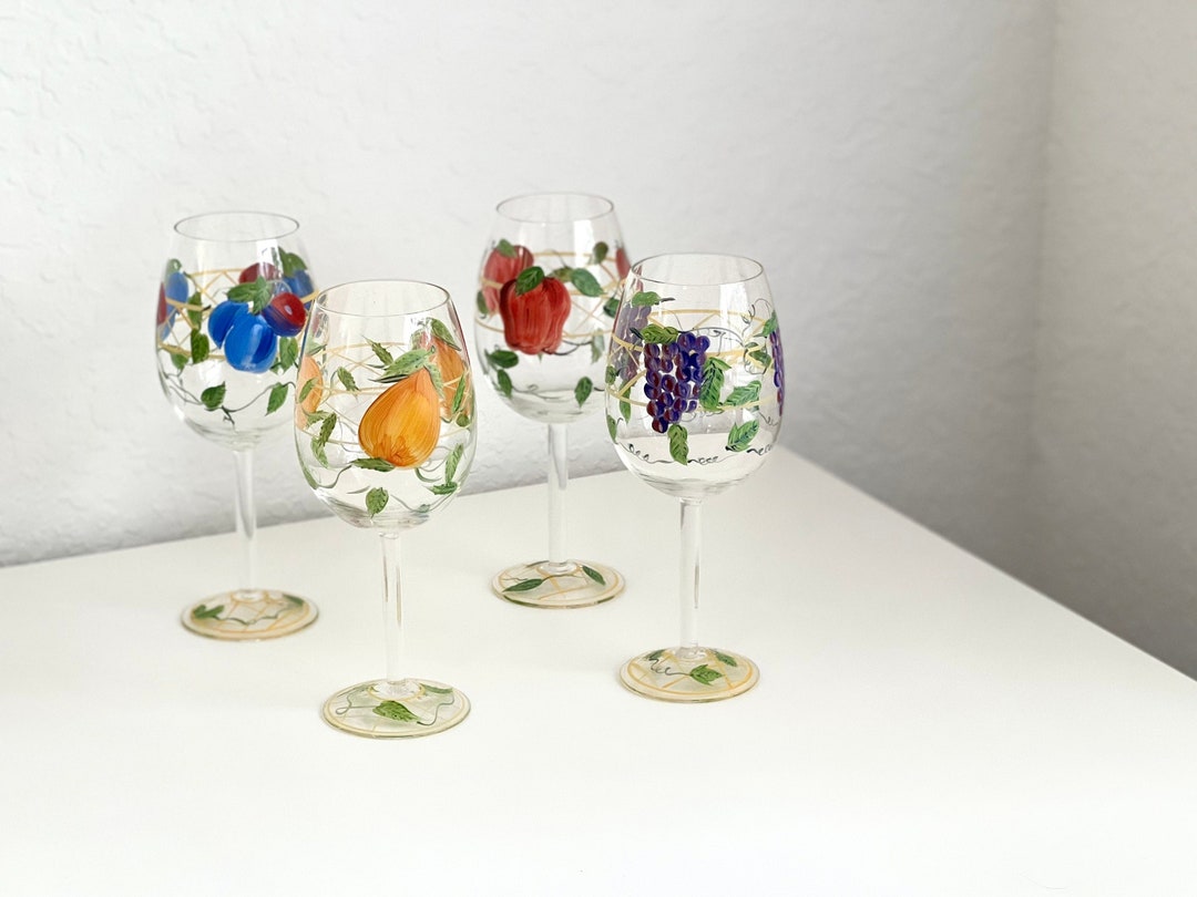 Set of 4 Vintage Zrike Hand Painted Fruit Apple Plum Grape Pear Glass