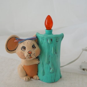 Vintage Holiday Christmas Hand Painted Mouse Holding Candle Small Table Lamp