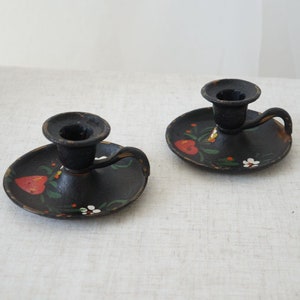 Set of 2 Vintage Hand Painted Cast Iron Floral Heart Candle Holders
