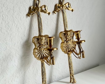 Vintage Pair Brass Bow Candle Holder Wall Sconces 