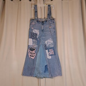 plus size upcycled XL denim patchwork dress using previously patched AE jeans. Added sashiko style patches and jeans to create dress