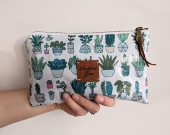 Catch-All Fully-Lined Zipper Pouch || Cotton/Linen Blend Oilcloth || "Plant Lady" Design