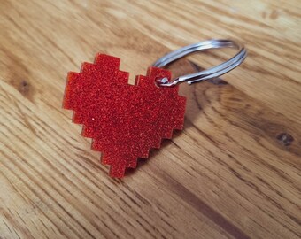 8-bit Heart Keyring - red glitter acrylic Pixel Life Container