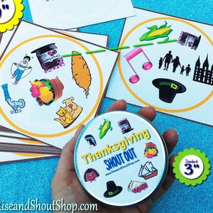 THANKSGIVING GRATITUDE Matching GAME Shout Out; 31 cards, 3" & 5", circle square, 2-6 players standard; solo or group play option