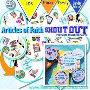 ARTICLES of FAITH Game Shout Out; Spot the Match Game; 3" & 5" circle or square cards, storage/gift box, church, FHE, primary, seminary