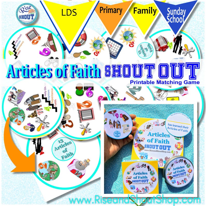 ARTICLES of FAITH Game Shout Out Spot the Match Game 3 & 5 circle or square cards, storage/gift box, church, FHE, primary, seminary image 1