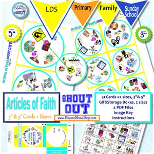 ARTICLES of FAITH Game Shout Out Spot the Match Game 3 & 5 circle or square cards, storage/gift box, church, FHE, primary, seminary image 2