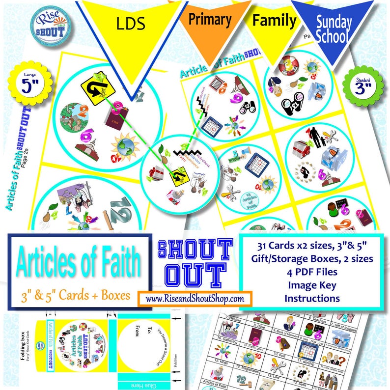 ARTICLES of FAITH Game Shout Out Spot the Match Game 3 & 5 circle or square cards, storage/gift box, church, FHE, primary, seminary image 2