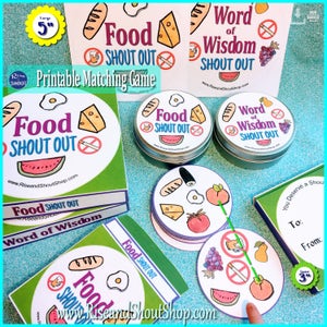 FOOD - WORD of WISDOM Matching Game Shout Out; 31 3&quot; & 5&quot; cards; Healthy eating from Food Groups; Print, Cut, Play, Learn