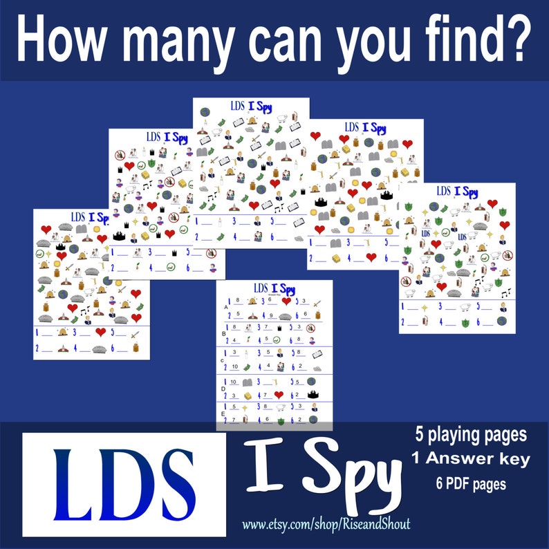 LDS I Spy, Find the pictures, Count the images, 5 pages, 1 answer key for primary, FHE, Quiet Activity, Instant Digital download Printable image 2