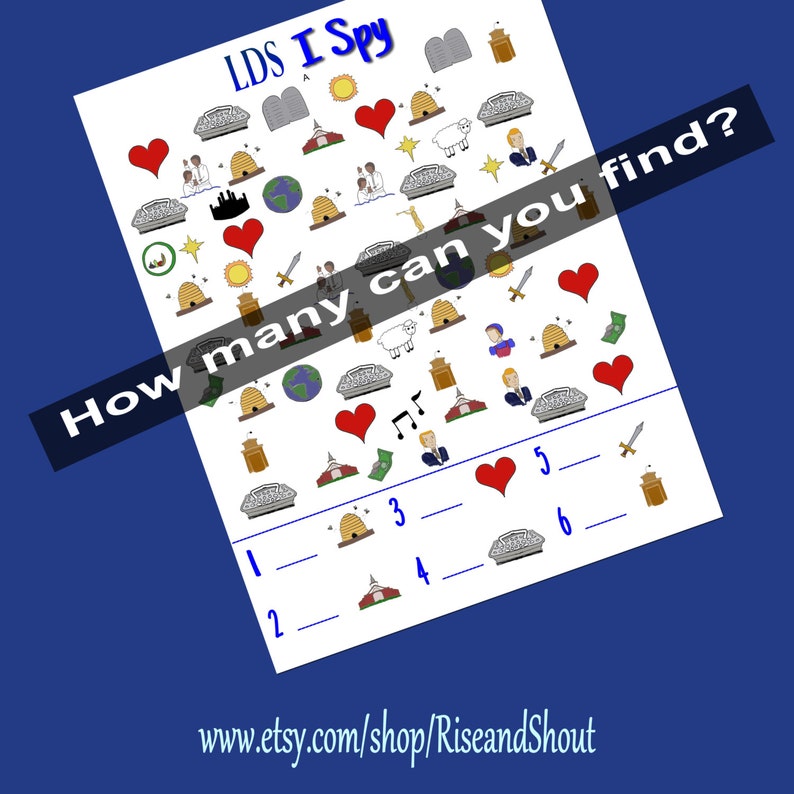 LDS I Spy, Find the pictures, Count the images, 5 pages, 1 answer key for primary, FHE, Quiet Activity, Instant Digital download Printable image 1