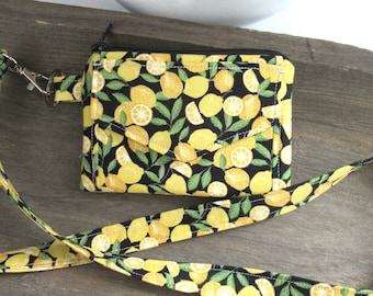 Lemon Print ID Wallet, Floral Keychain, Wristlet, Lanyard