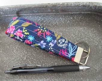 Wrist Lanyard, Fabric Wristlet Keychain, Navy Key Fob, Gift for Coworker, Keychain Wristlet, Floral Key Fob, Spring Key Fob, Floral Wristlet