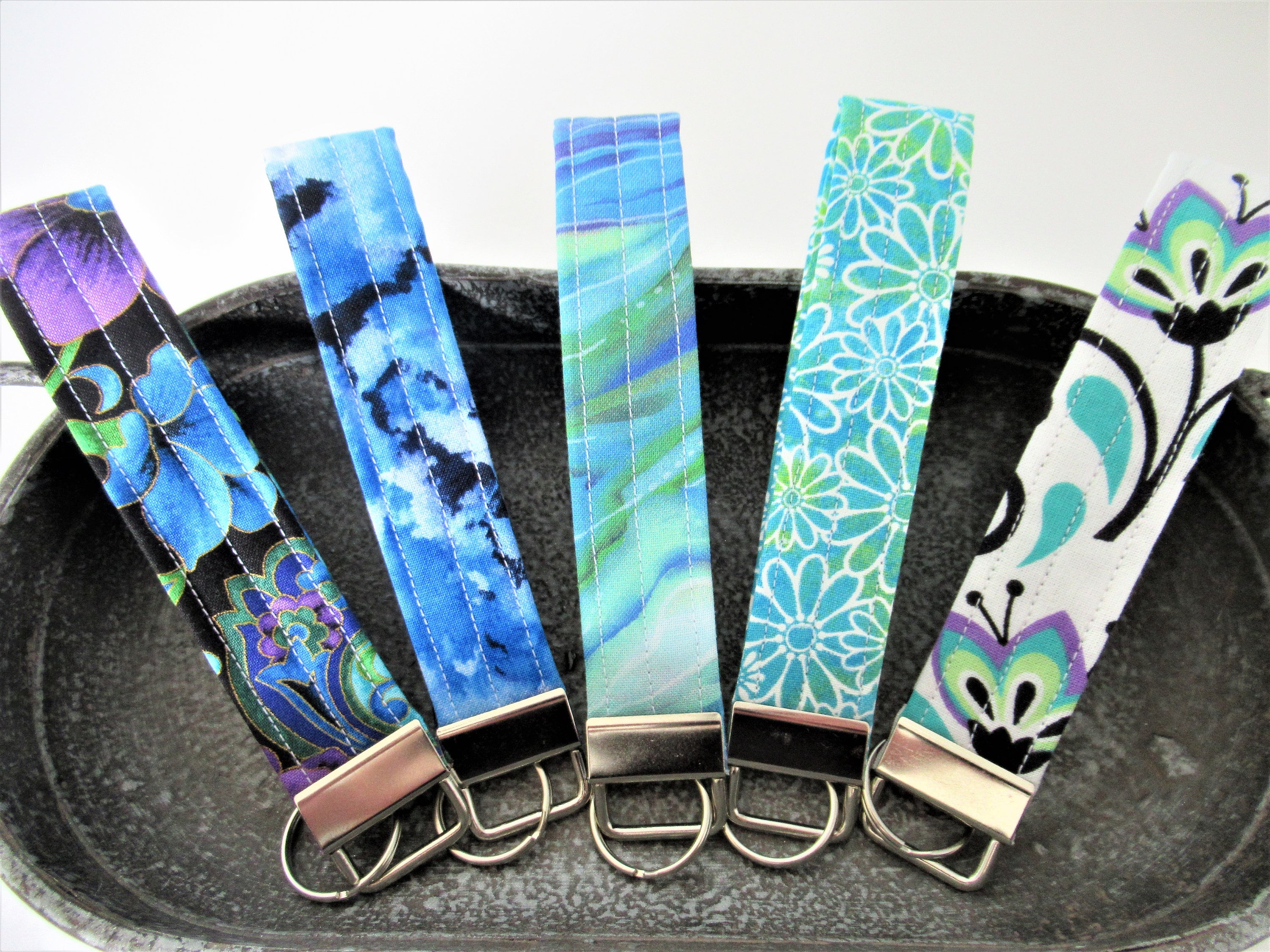 Key Fob Wristlet, Fabric Wristlet Keychain, Blue Key Fob, Wrist Lanya…