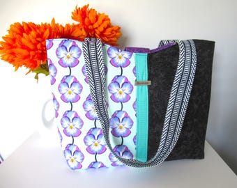 Totebag, Fabric Totebag with big pockets, Small laptop bag, Shoulder bag, Cotton shoulder tote, Pansy Gift