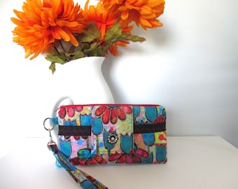 Wristlet Wallet, Flowered Fabric Wristlet, Wristlet Purse, Phone Wristlet, Colorful Wristlet, Orange Wristlet, College Gift, Gift Under 25