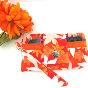 Wristlet Wallet, Flowered Fabric Wristlet, Wristlet Purse, Phone Wristlet, Colorful Wristlet, Orange Wristlet, College Gift, Gift Under 25