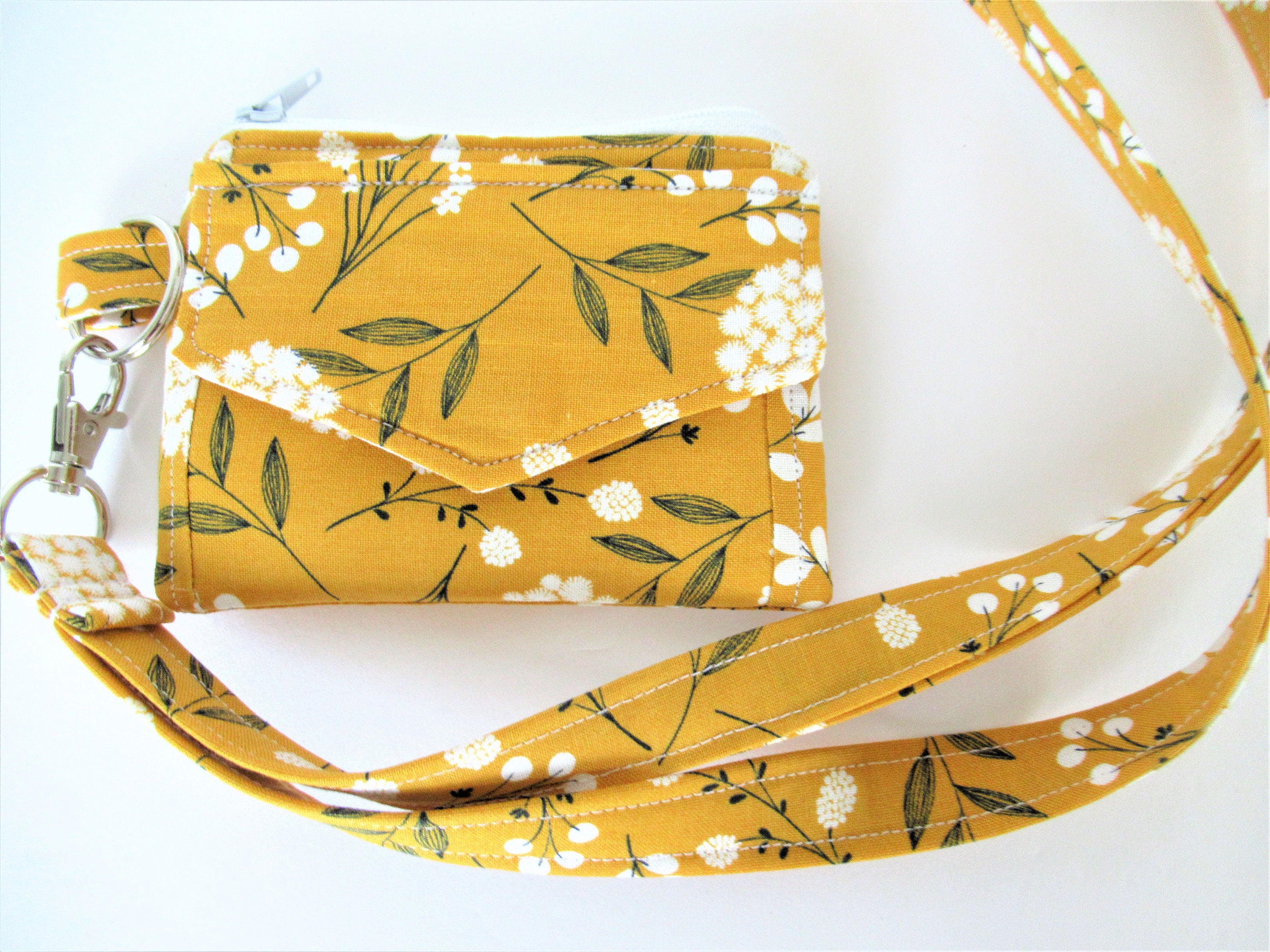 Yellow ID Wallet, Floral Keychain Wallet, Yellow Wristlet Wallet, Yel…