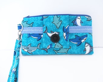 Shark Wristlet, Phone Wristlet, Wristlet Wallet, Fabric Wristlet, Shark Gift, Travel Wallet, Women's Wristlet, Birthday Gift