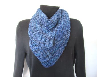 Asymmetrical Scarf, Triangle Hand Knit Scarf, Unique Scarf, Handmade Blue Knit Scarf, Knit Necklace, Easy Scarf