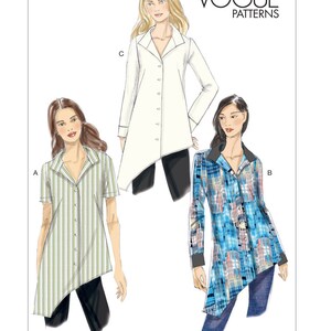 May include: Vogue Patterns sewing pattern featuring three asymmetrical shirts. The shirts are shown in white, striped, and patterned fabrics. The pattern number is V9226. The Vogue Patterns logo is at the top.