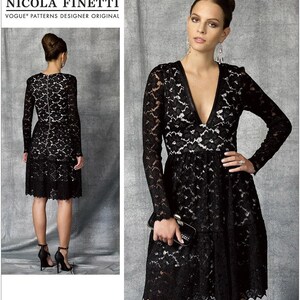May include: A black lace dress with a deep V-neckline and long sleeves. The dress has a fitted bodice and a flared skirt. The model is wearing the dress with black heels.