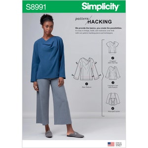 May include: A sewing pattern for a draped top with long sleeves. The pattern includes instructions for creating a cropped skirt tail top, a contrast cowl with pockets, and a waterfall jacket. The pattern is called "Hacking" and is from Simplicity.