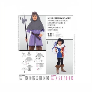 May include: A sewing pattern for a musketeer costume for children. The pattern includes instructions for making a hooded tunic, a shirt, and pants. The pattern is available in sizes 104 to 140 cm.