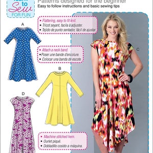 May include: Sewing pattern for a dress with a variety of styles. The pattern includes instructions for a flattering knit dress with a neck band, a yellow dress with long sleeves, and a purple dress with short sleeves. The pattern is designed for beginners and includes easy-to-follow instructions. The pattern number is M7382.