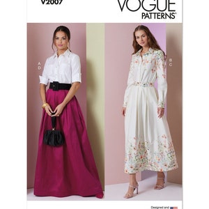 May include: Vogue Patterns sewing pattern for a long-sleeved shirt and skirt. The shirt has a collar and button closure. The skirt is a-line and has a waistband. The pattern is designed and printed in the USA. V2007.