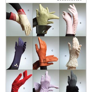 May include: A Vogue Accessories V8311 sewing pattern sheet displaying nine different glove styles. Designs include red and cream leather, olive suede with cuffs, pink with buttons, navy with crystals, orange with buckles, lace, red, lavender, and faux fur.