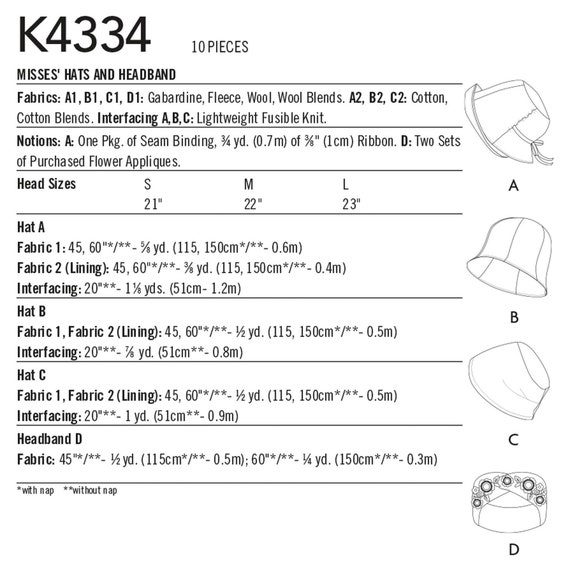 Kwik Sew Sewing Pattern K4334 Hats and Headband -  Canada