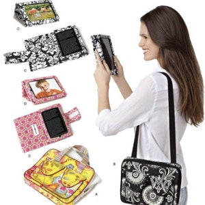 May include: Simplicity pattern 1630 featuring various tablet and e-reader cases. Designs include a black and white floral print, a pink geometric pattern, and a yellow floral bag. The image also shows a woman holding a tablet case.
