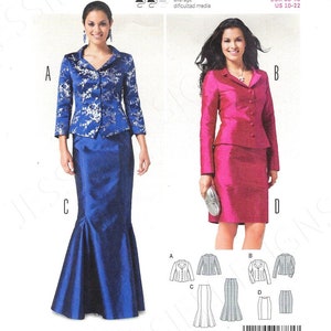 May include: A sewing pattern for a two-piece outfit, featuring a jacket and skirt. The pattern includes seam and hem allowances. The jacket is shown in two different colors: blue with a silver floral pattern and pink. The skirt is shown in blue with a mermaid silhouette and pink with a straight silhouette. The pattern is for sizes EUR 36-48 and US 10-22.