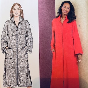 May include: A sewing pattern for a long robe with a zipper closure. The pattern includes two versions: one with a leopard print and one in solid red. The pattern is for sizes XS-S-M-L-XL. The pattern number is R11903.