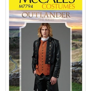 May include: A McCall's sewing pattern for a men's costume from the TV show "Outlander." The pattern is for a black jacket with a brown vest and black pants. The pattern number is M7794.