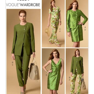 May include: A sewing pattern for four different green outfits. The pattern is called "V9094 VOGUE WARDROBE".