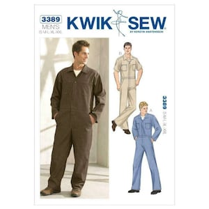 May include: Kwik Sew pattern 3389 for a jumpsuit with a collar, front zipper, and chest pockets. The cover shows a brown jumpsuit on a person, a beige short-sleeve jumpsuit labeled B, and a blue long-sleeve jumpsuit labeled A in sizes S-M-L-XL-XXL.
