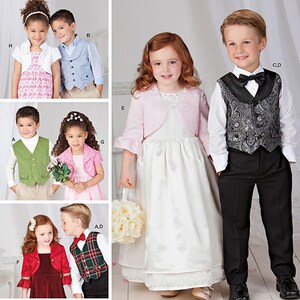 May include: A Simplicity sewing pattern for children's clothing, featuring a girl in a white dress with a pink bolero jacket and a boy in a black suit with a paisley vest. The pattern number is 1509.