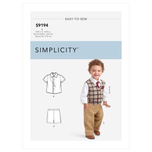 May include: Simplicity sewing pattern S9194 for a toddler's outfit. The pattern includes a shirt, shorts, and a vest with a tie. The image shows a toddler wearing the outfit, which includes a white shirt, plaid vest, khaki pants, and brown shoes.