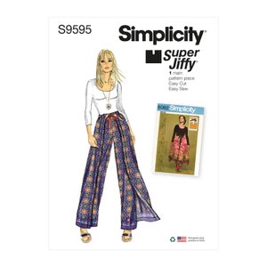 May include: A Simplicity S9595 Super Jiffy sewing pattern envelope featuring a white long-sleeve top and wide-leg pants with a purple, orange, and blue circular geometric pattern. Includes a smaller inset image of a finished garment and text.