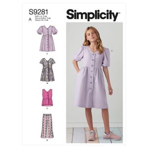 May include: Simplicity sewing pattern S9281 for girls' dresses and tops, sizes 7-14. The pattern includes a purple dress with puffed sleeves and buttons, a floral print dress, a pink sleeveless top, and pink and white patterned pants.