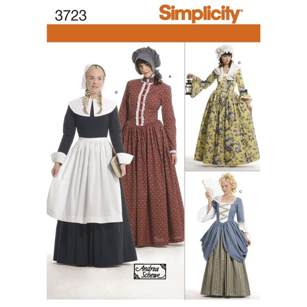 Simplicity 3723 Sewing Pattern - 17th Century Courtly Lady, Prairie Settler, Quaker, Colonial Misses' Costume Dresses - Size 6-12