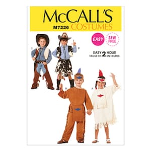 May include: A sewing pattern for children's costumes. The pattern includes instructions for making a cowboy, cowgirl, and two Native American costumes. The pattern is labeled "McCall's Costumes M7226" and "Easy Sew Free".