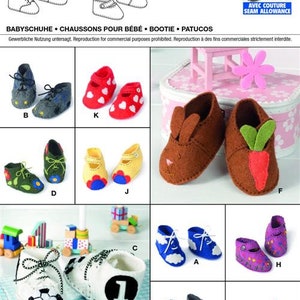 May include: A sewing pattern for making baby shoes. The pattern includes 10 different styles of shoes, including bunny slippers, soccer shoes, and Mary Janes. The pattern is from Burda Creative and has the number 7614 on it.