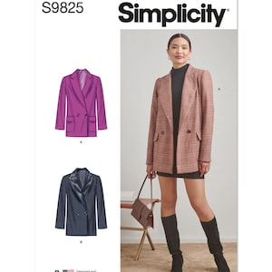 May include: Simplicity S9825 pattern featuring a double-breasted blazer. The pattern includes a magenta blazer and a navy blazer with a leather-like collar. The model is wearing a plaid blazer with a black dress and boots.