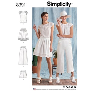 May include: Simplicity pattern 8391 features a variety of women's clothing designs. The image showcases a white top with eyelet sleeves, a pleated skirt with eyelet trim, wide-leg pants, and shorts. The models are wearing the clothing designs.